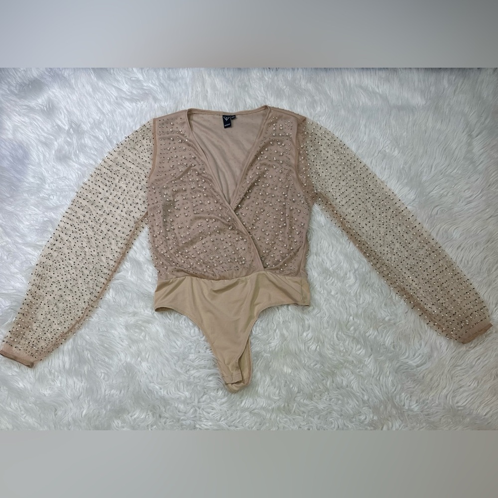 Windsor L crystal pearl beaded tan cream mesh long sleeve bodysuit